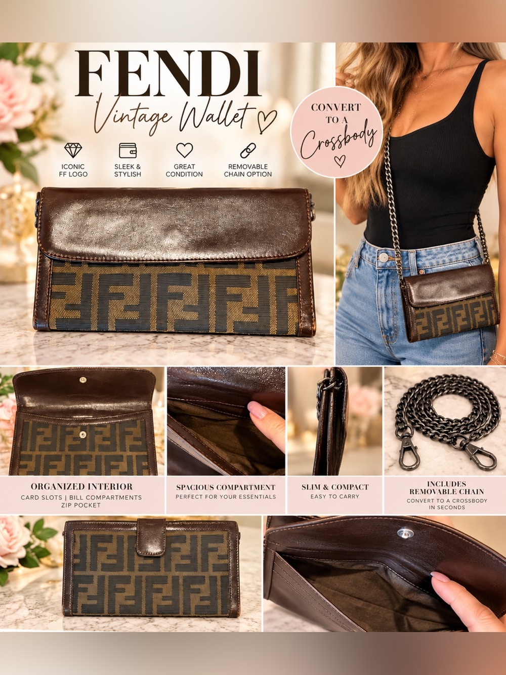 Fendi Brown FF Logo Convertible Wallet Crossbody